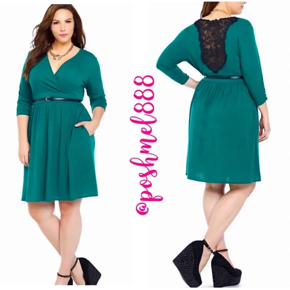 Torrid Lace Back Belted Teal Green Knit Dress - Picture 2 of 10